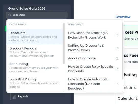Searching "discount" shows matching pages on the left and help guides on the right