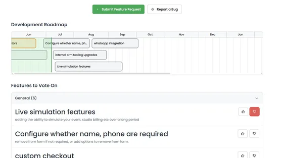 The Eventist Wish List page, showing the live development roadmap timeline above a list of features open for voting