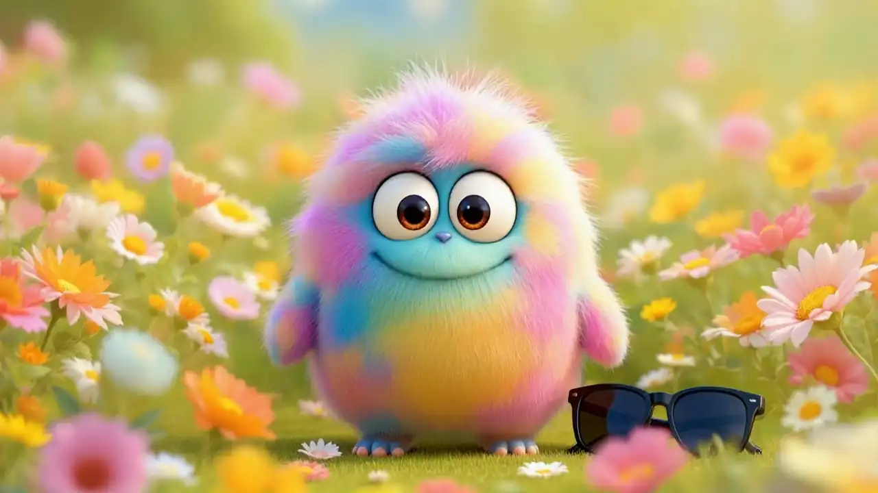 Jerry, the fluffy rainbow Eventist mascot, in a meadow of flowers beside a pair of sunglasses